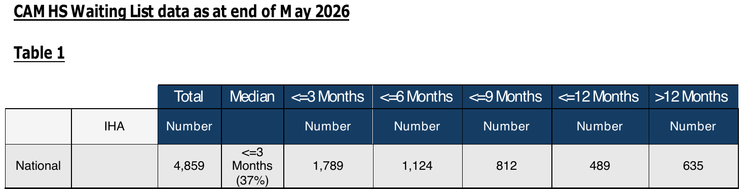 Table 1 from an HSE reply to a parliamentary question, showing the national CAMHS waiting list at the end of May 2026: 4,859 in total, 1,789 waiting up to 3 months and 635 waiting more than 12 months.
