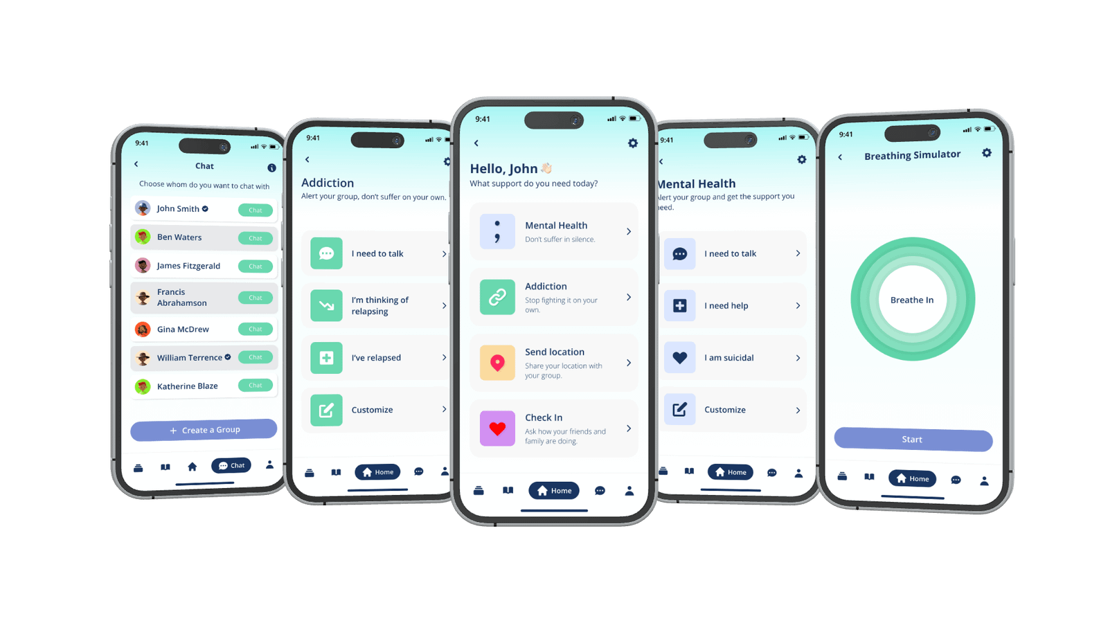 Five Pleaze app screens: chat, the Addiction and Mental Health help buttons, the home screen and the breathing simulator