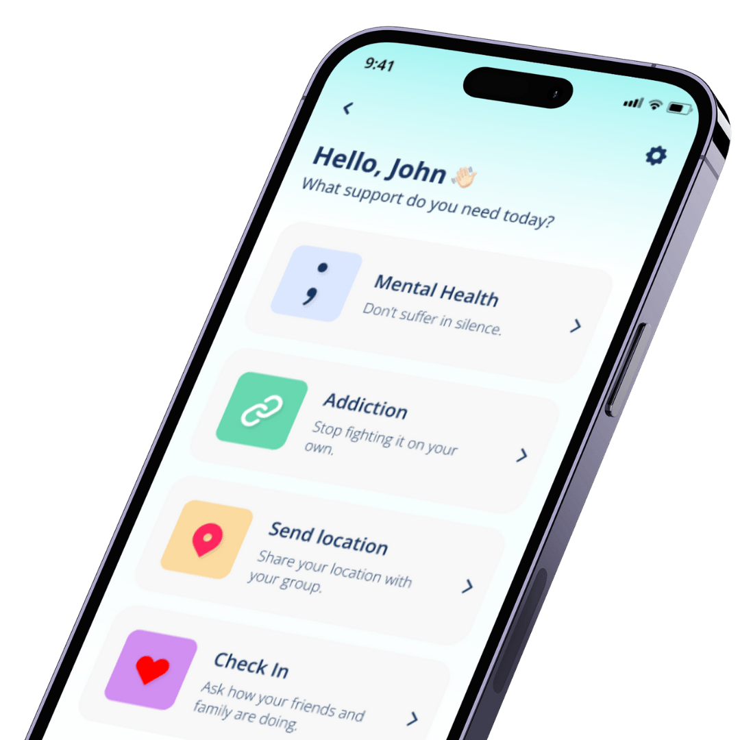 Pleaze home screen with help buttons: Mental Health, Addiction, Send location and Check In