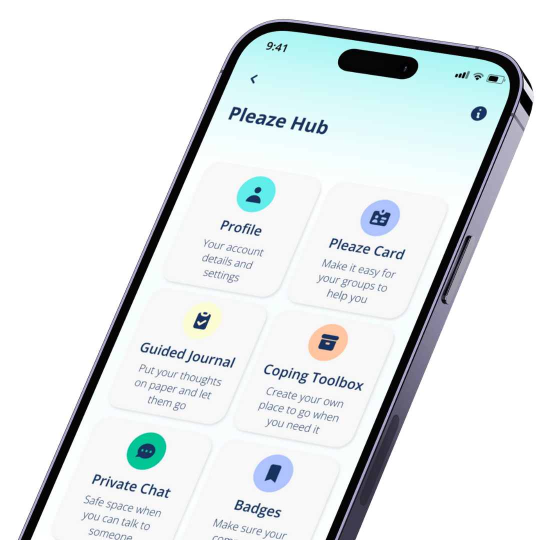 Pleaze Hub screen: Profile, Pleaze Card, Guided Journal, Coping Toolbox, Private Chat and Badges