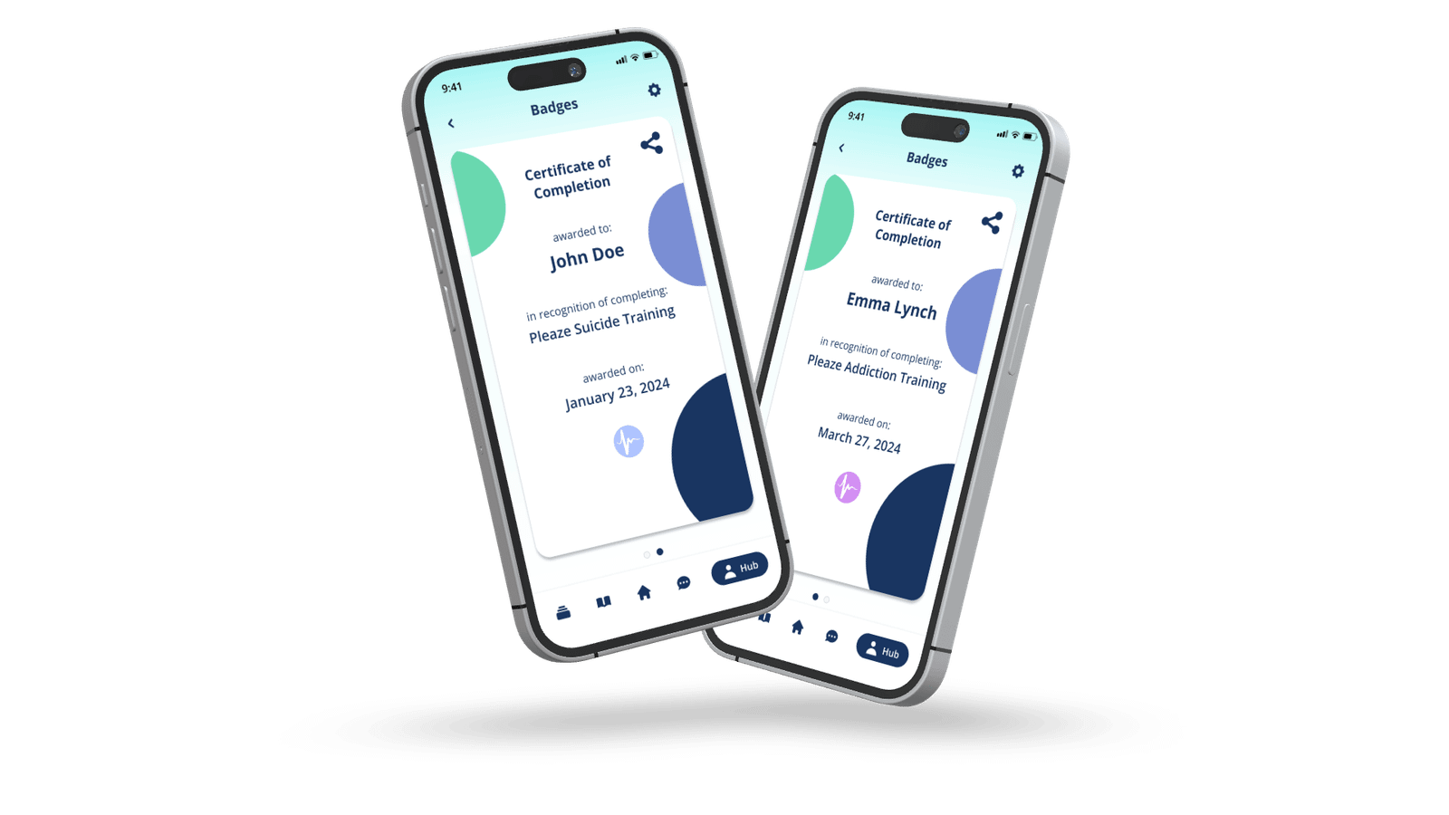 Two Pleaze badge screens: certificates of completion for Pleaze Suicide Training and Pleaze Addiction Training
